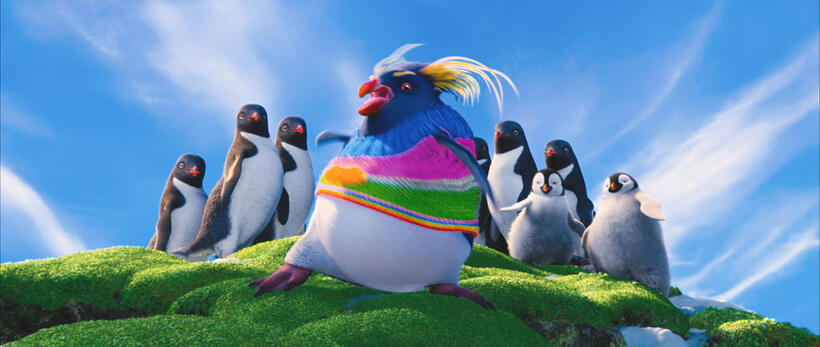 Lovelace voiced by Robin Williams, Bo voiced by Meibh Campbell and Atticus voiced by Benjamin Flores Jr. in "Happy Feet Two."