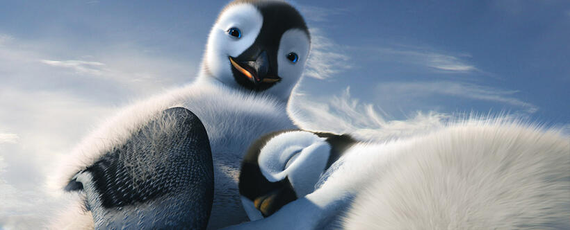 Mumble voiced by Elijah Wood and Erik voiced by Ava Acres in "Happy Feet Two."