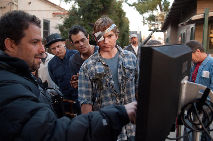 Director Brett Ratner, Johnny Knoxville and Seann William Scott on the set of "Movie 43."