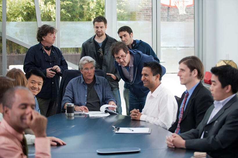 Producer Charles Wessler, Richard Gere and director Steven Brill on the set of "Movie 43."