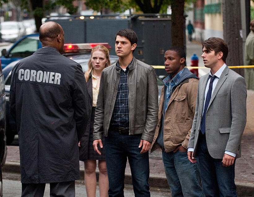 Tony Todd as Bludworth, Emma Bell as Molly, Nicholas D'agosto as Sam, Arlen Escarpeta as Nathan and Miles Fisher as Peter in "Final Destination 5."