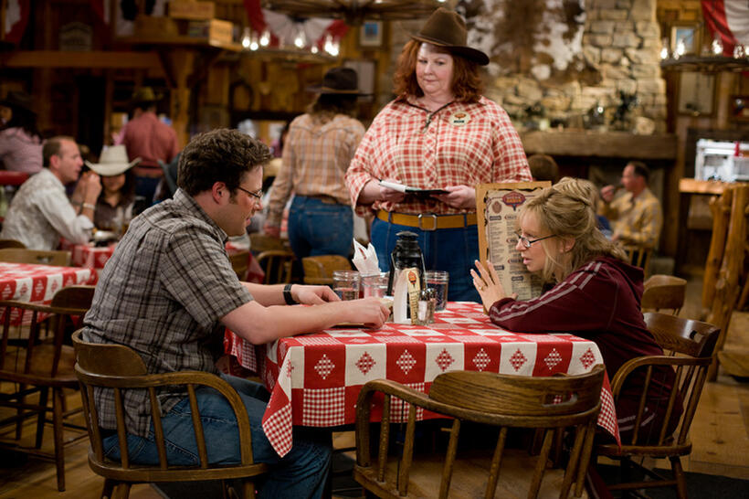 Seth Rogen as Andrew Brewster, Lorna Scott as Waitress and Barbra Streisand as Joyce Brewster in "The Guilt Trip."