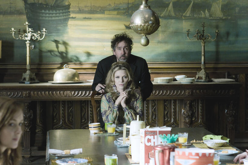 Director Tim Burton and Michelle Pfeiffer on the set of "Dark Shadows."