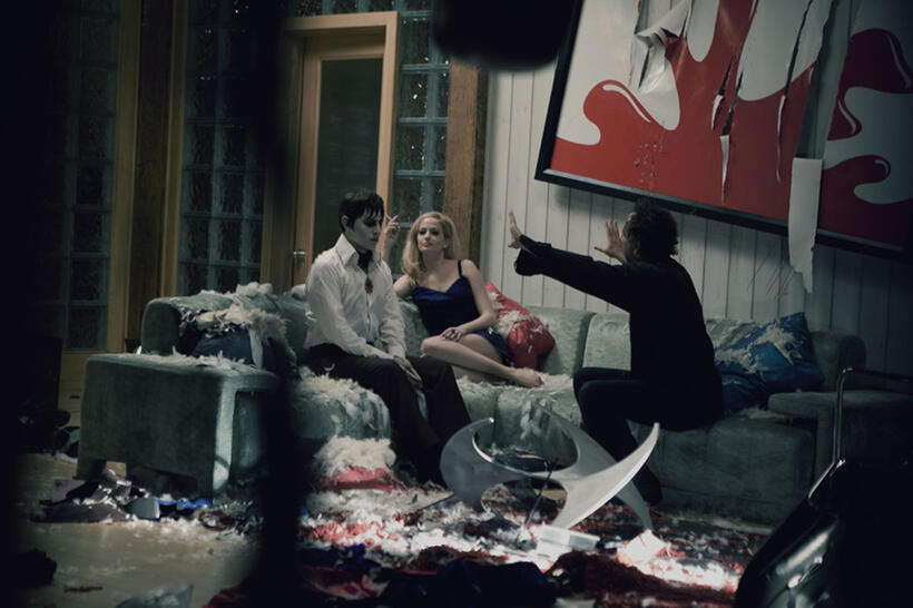 Johnny Depp, Eva Green and Director Tim Burton on the set of "Dark Shadows."