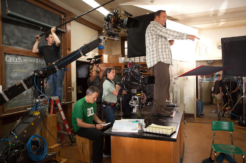 Producer Todd Garner and Kevin James on the set of "Here Comes the Boom."