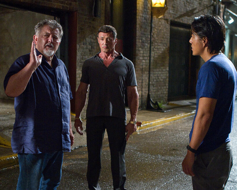 Director Walter Hill, Sylvester Stallone and Kang Sung on the set of in "Bullet To The Head."