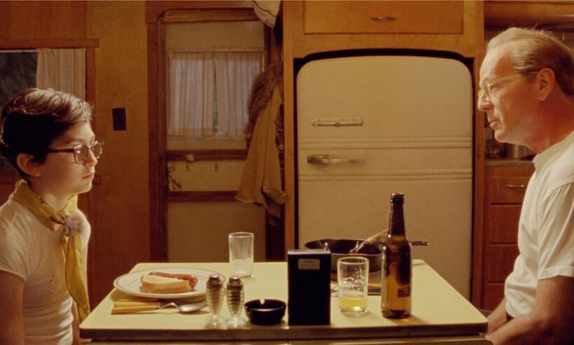 Jared Gilman as Sam and Bruce Willis as Captain Sharp in "Moonrise Kingdom."