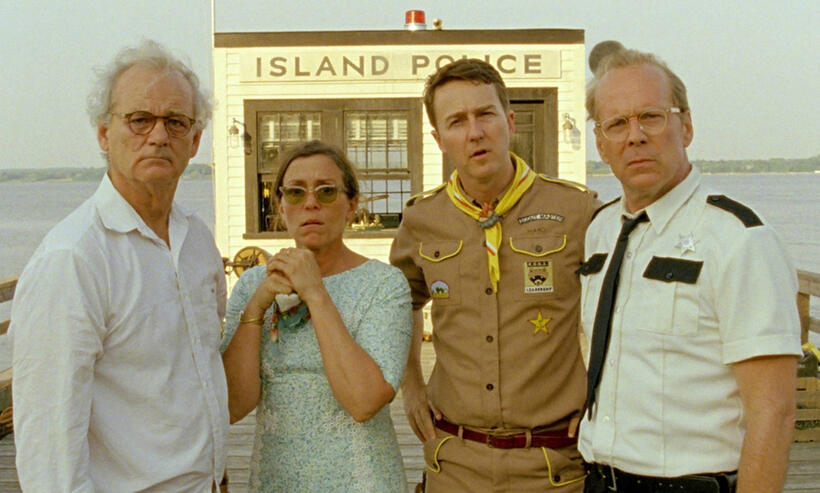 Bill Murray as Mr. Bishop, Frances McDormand as Mrs. Bishop, Edward Norton as Scout Master Ward and Bruce Willis as Captain Sharp in "Moonrise Kingdom."