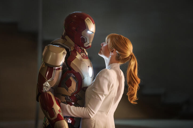 Robert Downey, Jr. as Iron Man and Gwyneth Paltrow as Pepper Potts in "Iron Man 3."