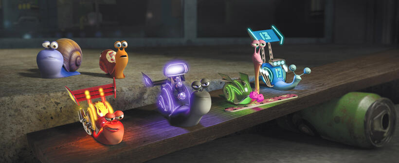 Burn voiced by Maya Rudolph, Whiplash voiced by Samuel L. Jackson, Smoove Move voiced by Snoop Dogg, Skidmark voiced by Ben Schwartz, Chet voiced by Paul Giamatti and Turbo voiced by Ryan Reynolds in "Turbo."