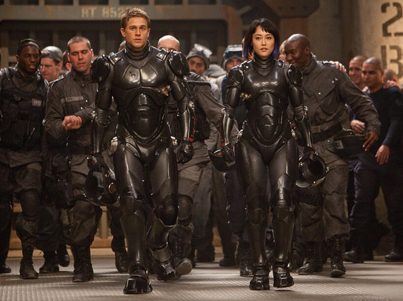 Charlie Hunnam as Raleigh Beckett and Rinko Kikuchi as Mako Mori in "Pacific Rim."