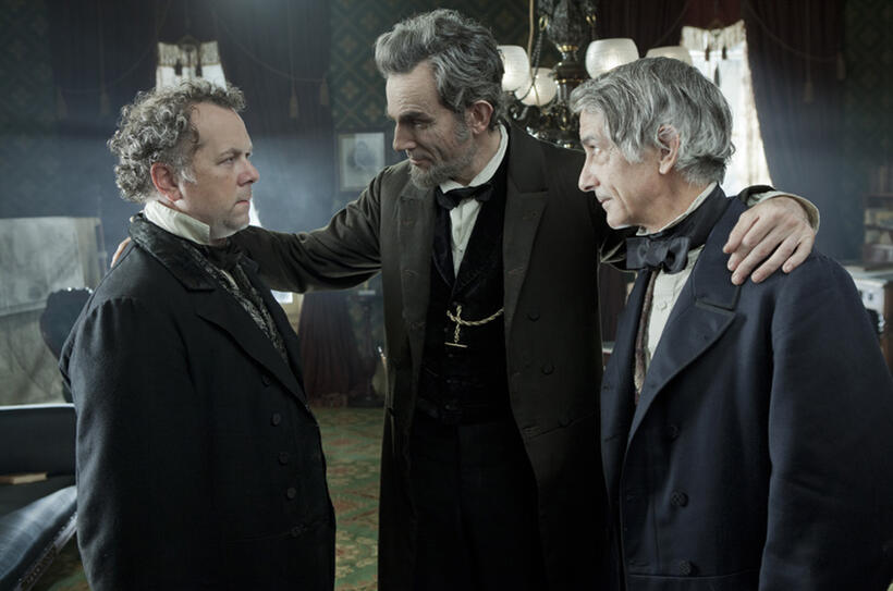 David Costabile as James Ashley, Daniel Day-Lewis as president Abraham Lincoln and David Strathairn as William Seward in "Lincoln."