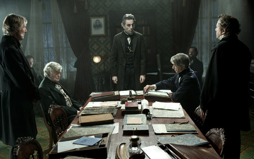 Byron Jennings as Montgomery Blair, John Hay as Joseph Cross, Hal Holbrook as Francis Preston Blair, Daniel Day-Lewis as Abraham Lincoln, David Strathairn as William Seward, Jeremy Strong as John Nicolay and David Costabile as James Ashley in "Lincoln."