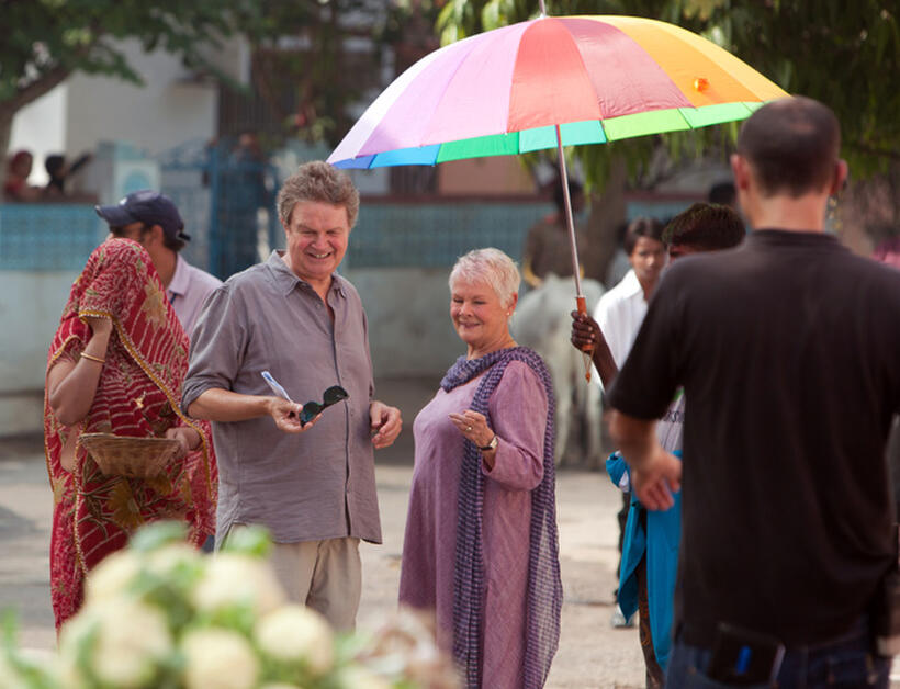 Director John Madden and Judi Dench on the set of "The Best Exotic Marigold Hotel."