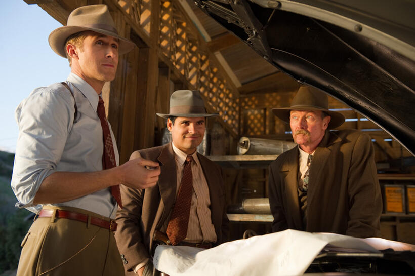 Ryan Gosling as Sgt. Jerry Wooters, Michael Pena as Navidad Ramirez and Robert Patrick as Max Kennard in "Gangster Squad."