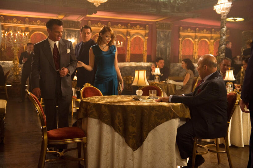 Sean Penn as Mickey Cohen, Holt McCallany as Karl Lockwood, Emma Stone as Grace Faraday and Jon Polito as Dragna in "Gangster Squad."