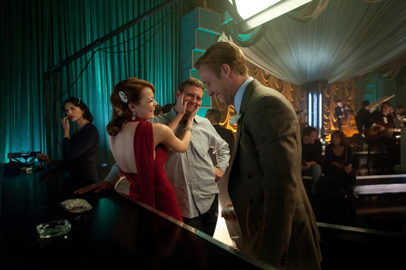 Emma Stone, director Ruben Fleischer and Ryan Gosling on the set of "Gangster Squad."