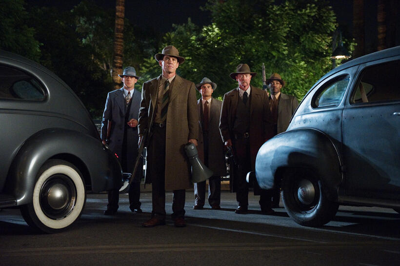 Ryan Gosling as Sgt. Jerry Wooters, Josh Brolin as Sgt. John O'Mara, Michael Pena as Navidad Ramirez, Robert Patrick as Max Kennard and Anthony Mackie as Coleman Harris in "Gangster Squad."