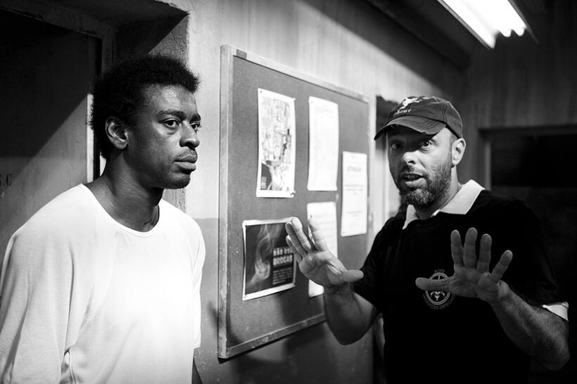 Seu Jorge and director Jose Padilha on the set of "Elite Squad: The Enemy Within."