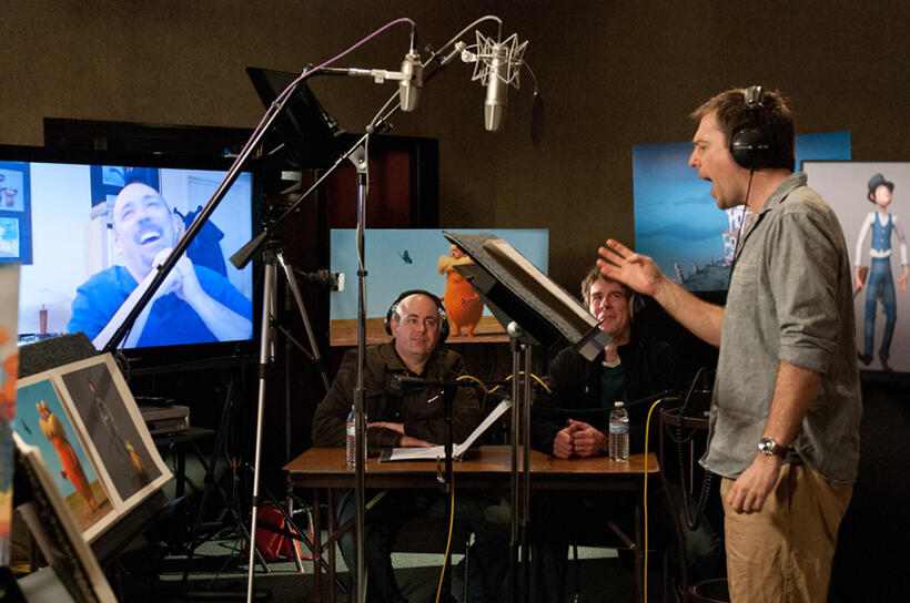 Ken Daurio, director Chris Renaud and Ed Helms on the set of "Dr. Seuss' The Lorax."