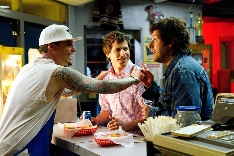 Andy Samberg as Todd Peterson and Adam Sandler as Donny Berger in "That's My Boy."