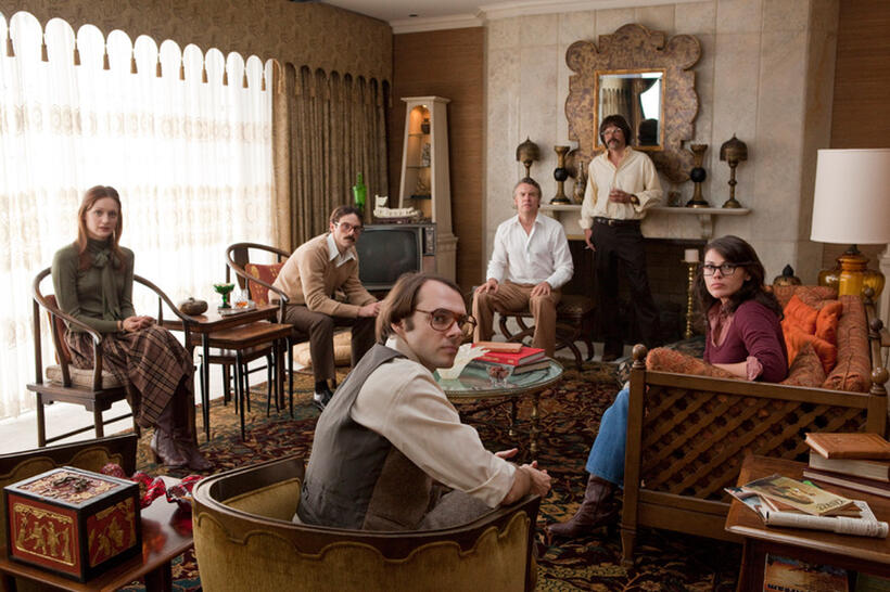 Kerry Bishe as Kathy Stafford, Scoot McNairy as Joe Stafford, Tate Donovan as Bob Anders, Rory Cochrane as Lee Schatz, Clea DuVall as Cora Lijek and Christopher Denham as Mark Lijekz in "Argo."