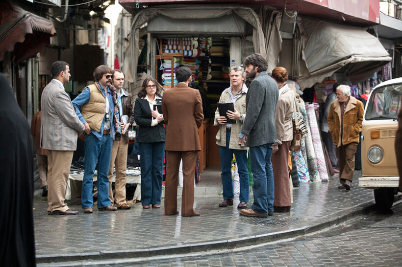 Rory Cochrane as Lee Schatz, Christopher Denham as Mark Lijek, Clea DuVall as Cora Lijek, Tate Donovan as Bob Anders and Ben Affleck as Tony Mendez in "Argo."