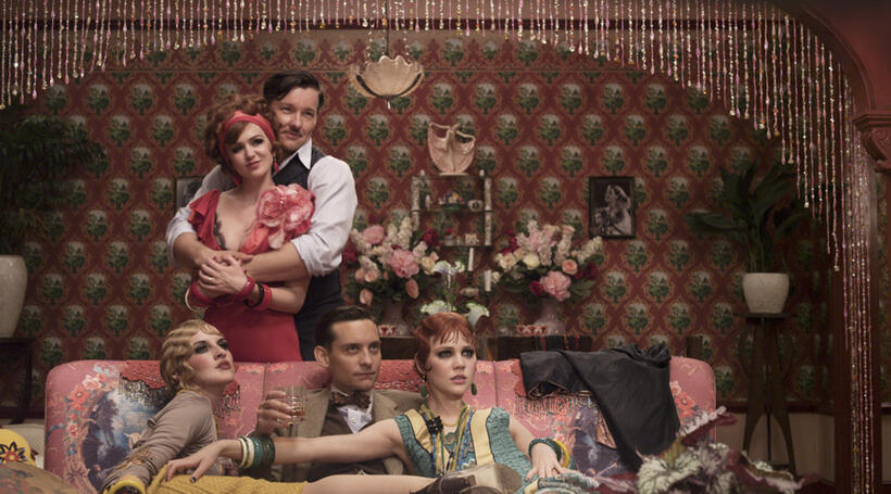 Isla Fisher as Myrtle Wilson, Joel Edgerton as Tom Buchanan, Adelaide Clemens as Catherine, Tobey Maguire as Nick Carraway and Kate Mulvany as Mrs. McKee in "The Great Gatsby."