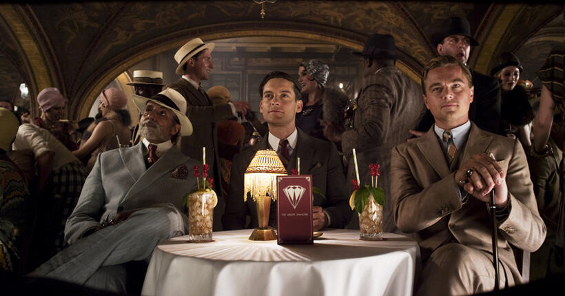 Amitabh Bachchan as Meyer Wolfshiem, Tobey Maguire as Nick Carraway and Leonardo DiCaprio as Jay Gatsby in "The Great Gatsby."