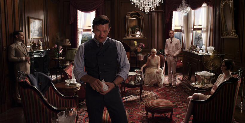 Tobey Maguire as Nick Carraway, Joel Edgerton as Tom Buchanan, Carey Mulligan as Daisy Buchanan, Leonardo DiCaprio as Jay Gatsby and Elizabeth Debicki as Jordan Baker in "The Great Gatsby."