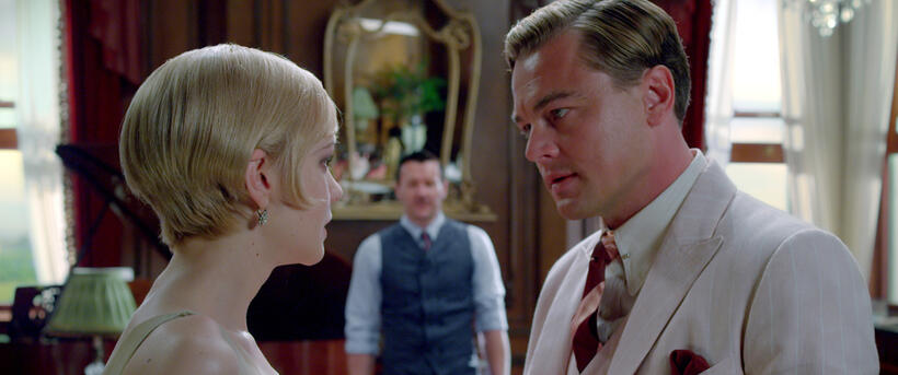 Carey Mulligan as Daisy Buchanan, Joel Edgerton as Tom Buchanan and Leonardo DiCaprio as Jay Gatsby in "The Great Gatsby."