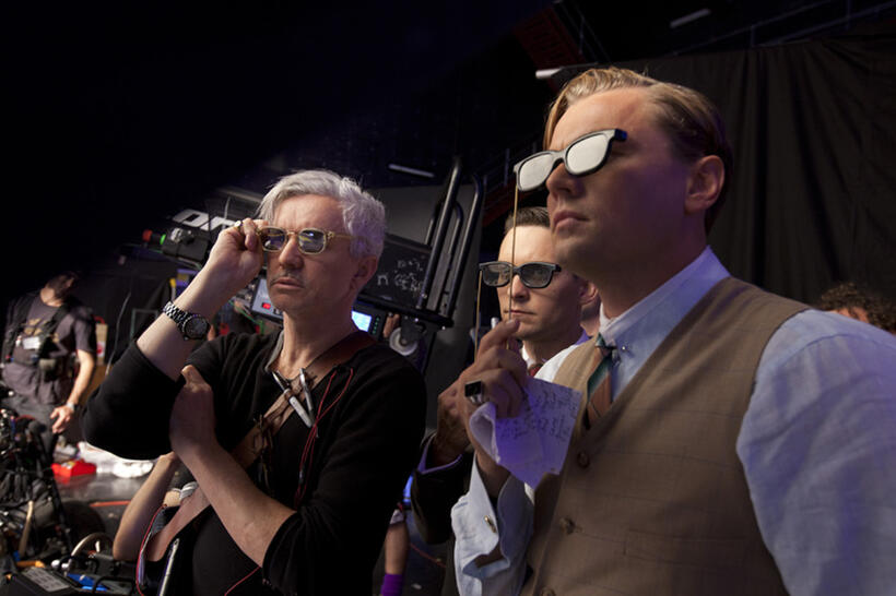 Director Baz Luhrmann, Tobey Maguire and Leonardo DiCaprio on the set of "The Great Gatsby."