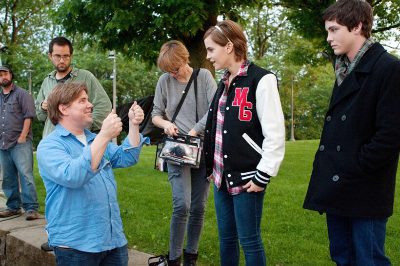 Director Stephen Chbosky, Emma Watson and Logan Lerman on the set of "The Perks Of Being A Wallflower."