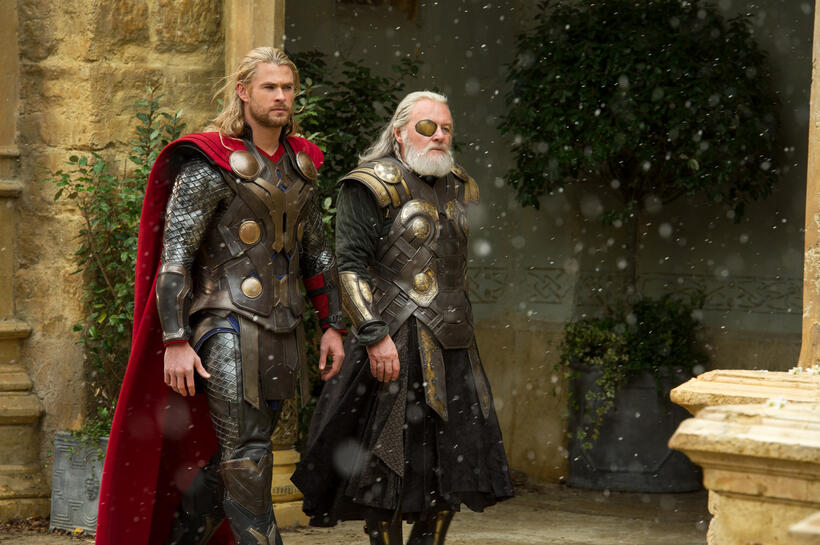 Chris Hemsworth as Thor and Anthony Hopkins as Odin in "Thor: The Dark World."