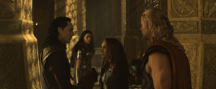 Tom Hiddleston as Loki, Jaimie Alexander as Sif, Natalie Portman as Jane Foster and Chris Hemsworth as Thor in "Thor: The Dark World."