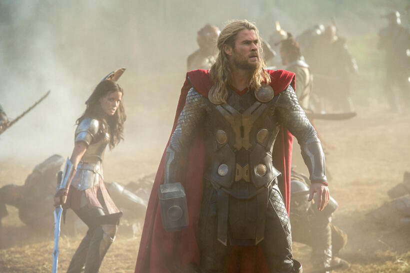 Jaimie Alexander as Sif and Chris Hemsworth as Thor in "Thor: The Dark World."