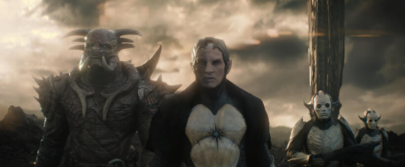 Adewale Akinnuoye-Agbaje as Kurse and Christopher Eccleston as Malekith in "Thor: The Dark World."