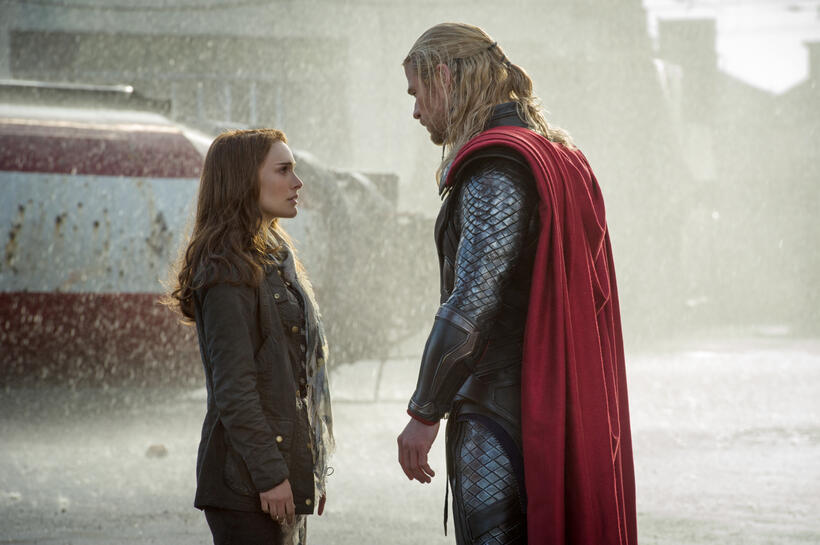 Natalie Portman as Jane Foster and Chris Hemsworth as Thor in "Thor: The Dark World."