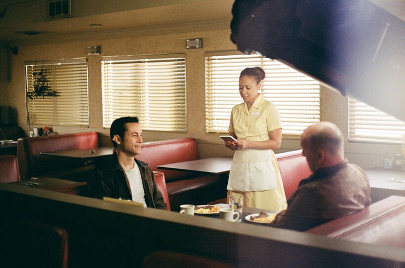 Joseph Gordon-Levitt, Traci Thoms and Bruce Willis on the set of "Looper."