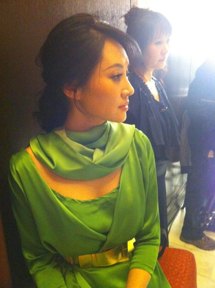 Summer Qing on the set of "Looper."