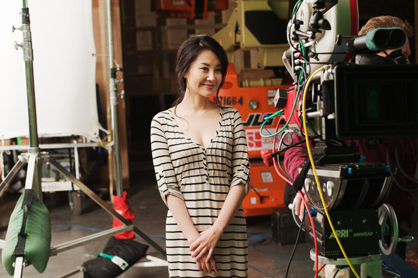 Summer Qing on the set of "Looper."
