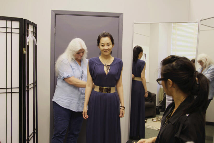 Summer Qing on the set of "Looper."