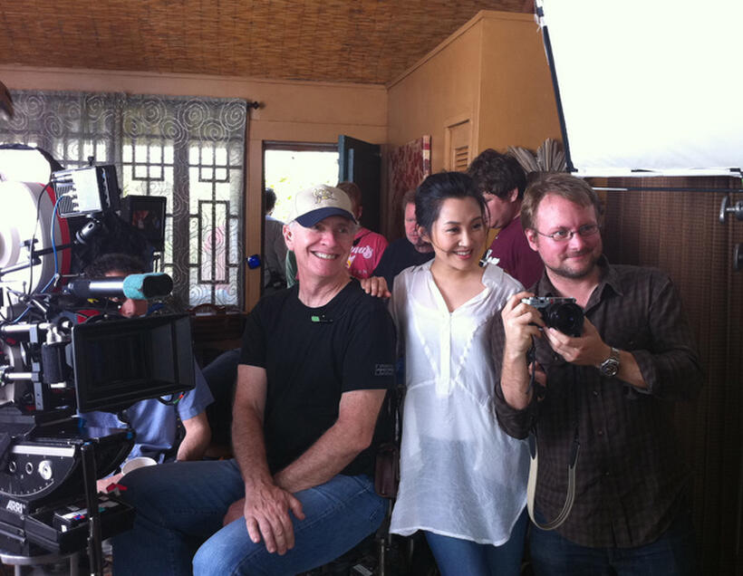 Summer Qing and Rian Johnson on the set of "Looper."