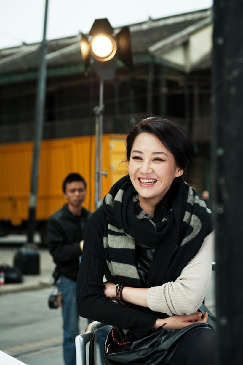 Summer Qing on the set of "Looper."