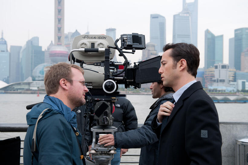 Director Rian Johnson and Joseph Gordon-Levitt on the set of "Looper."