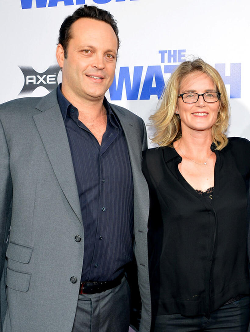 Vince Vaugn and president of production for 20th Century Fox Emma Watts at the California premiere of "The Watch."