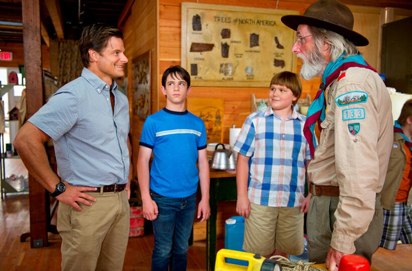 Steve Zahn as Frank, Zachary Gordon as Greg, Robert Capron as Rowley and Frank C. Turner as Troop Master Barrett in "Diary of a Wimpy Kid: Dog Days."
