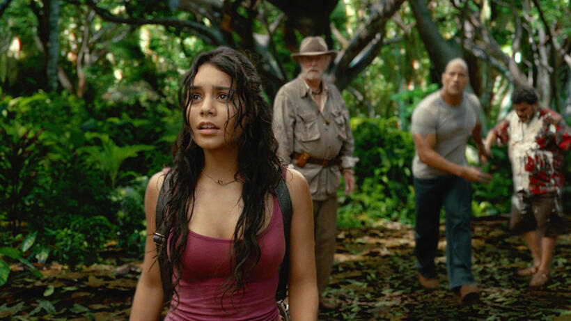 Vanessa Hudgens as Kailani, Michael Caine as Alexander, Dwayne Johnson as Hank and Luis Guzman as Gabato in "Journey 2: The Mysterious Island."