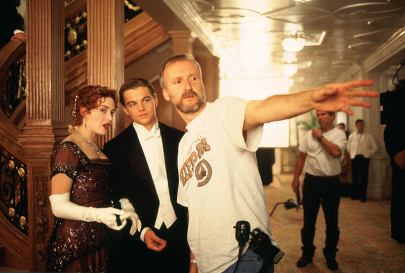 Kate Winslet, Leonardo DiCaprio and director James Cameron on the set of "Titanic."