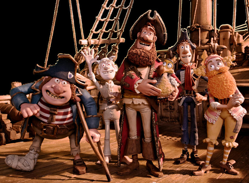 Pirate with Gout voiced by Brendan Gleeson, Albino Pirate voiced by Russell Tovey, Pirate Captain voiced by Hugh Grant, Pirate with Scarf voiced by Martin Freeman and Surprisingly Curvaceous Pirate voiced by Ashley Jensen in "Pirates! Band of Misfits."